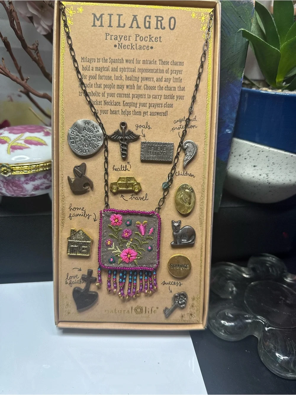 NATURAL LIFE Embroidered Floral Prayer Pocket Necklace – Pink, Green, Gold